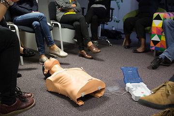 Image showing CPR course using automated external defibrillator device, AED.