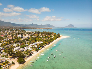 Image showing Top down aerial view of tropical beach in Black River, Mauritius island.