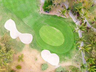 Image showing Birds eye view of golf course hole green and sand traps.