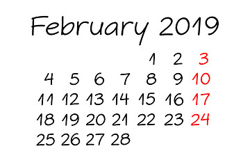 Image showing February Year 2019 Monthly Calendar Handwritten