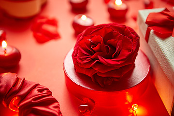 Image showing Valentines day romantic decoration with roses, boxed gifts, candles