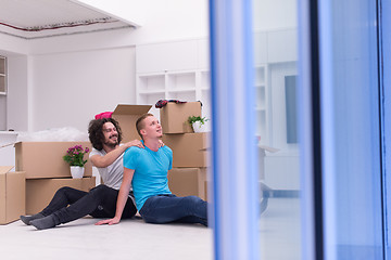 Image showing young  gay couple moving  in new house