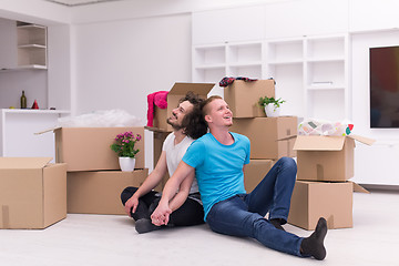 Image showing young  gay couple moving  in new house