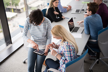 Image showing Pretty Businesswomen Using Tablet In Office Building during conf