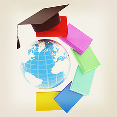 Image showing Earth of education with books around and graduation hat. Global 