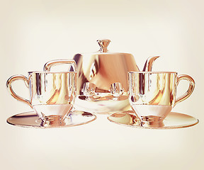 Image showing Chrome Teapot and mugs. 3d illustration. Vintage style