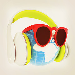 Image showing Earth planet with earphones and sunglasses. 3d illustration. Vin