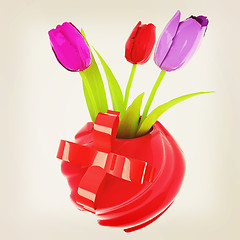 Image showing Fresh spring tulips in a vase vith ribbon. 3d illustration. Vint