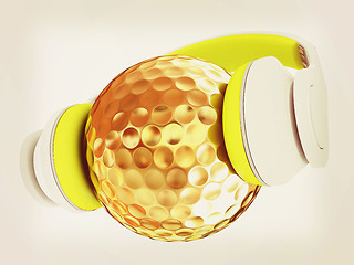 Image showing Gold Golf Ball With headphones. 3d illustration. Vintage style