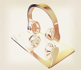 Image showing Smartphone with headphones. Chrome icon. 3d illustration. Vintag