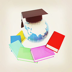 Image showing Earth of education with books around and graduation hat. Global 