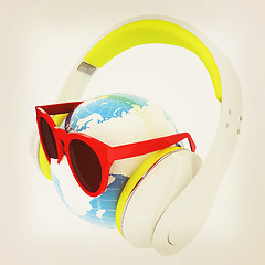 Image showing Earth planet with earphones and sunglasses. 3d illustration. Vin