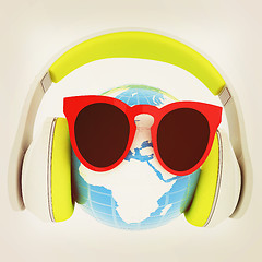 Image showing Earth planet with earphones and sunglasses. 3d illustration. Vin