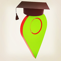 Image showing Geo pin with graduation hat on white. School sign, geolocation a