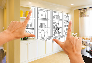 Image showing Hands Framing Custom Built-in Shelves and Cabinets Design Drawin