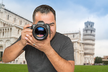 Image showing Hispanic Male Photographer With Camera at Leaning Tower of Pisa