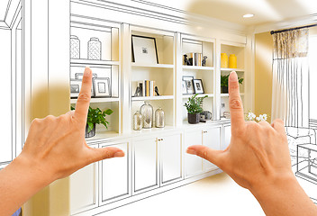 Image showing Hands Framing Custom Built-in Shelves and Cabinets Design Drawin