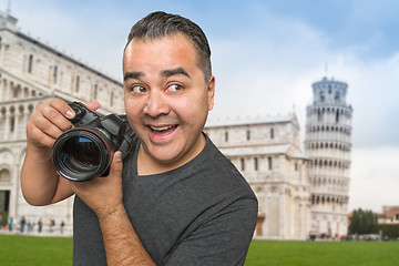 Image showing Hispanic Male Photographer With Camera at Leaning Tower of Pisa