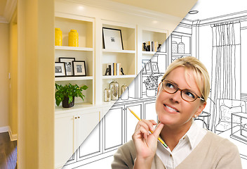 Image showing Young Woman Over Custom Built-in Shelves and Cabinets Design Dra