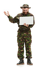 Image showing Young army soldier wearing camouflage uniform isolated on white