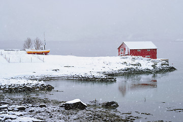 Image showing Red rorbu house in winter, Lofoten islands, Norway