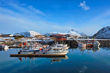 Image showing Fishing boats and yachts on pier in Norway