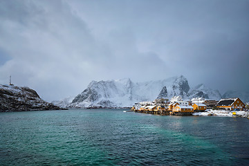 Image showing Yellow rorbu houses, Lofoten islands, Norway