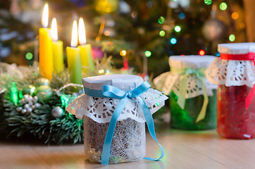 Image showing Gifts on the background of decorated spruce.