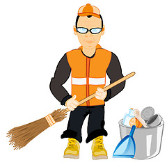 Image showing Man caretaker with broom takes away rubbish