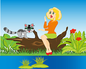 Image showing Girl with cat on nature beside yard