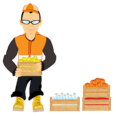 Image showing Man longshoremen unloads boxes with fruit and bottle