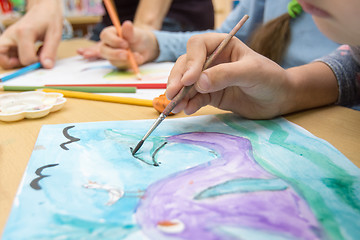 Image showing Hand draws a drawing in a school of drawing