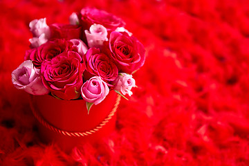 Image showing Pink roses packed in box and placed on red feathers background w