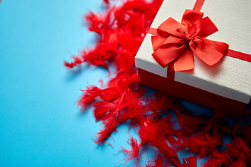 Image showing Box with a gift, tied with a ribbon placed on red feathers