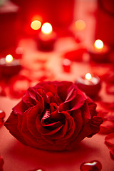 Image showing Valentines day romantic decoration with roses, boxed gifts, candles