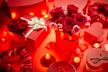 Image showing Valentines day romantic decoration with roses, boxed gifts, candles