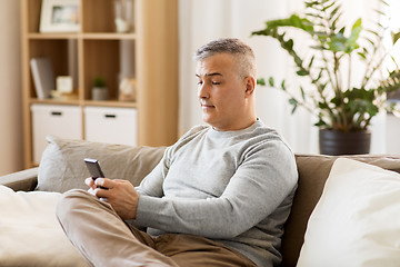 Image showing man with smartphone sitting on sofa at home