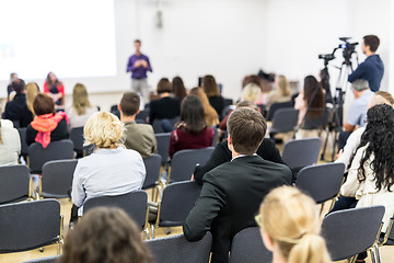 Image showing Media interview and round table discussion at popular scientific conference.