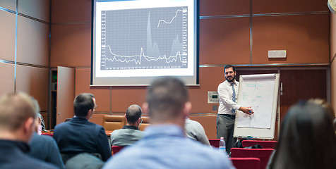 Image showing Skiled Public Speaker Giving a Talk at Business Meeting.