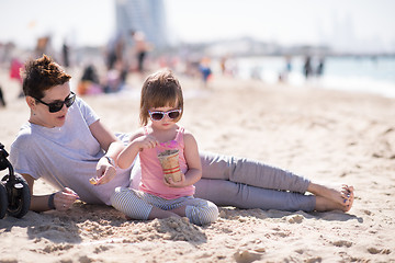 Image showing Mom and daughter on the beach