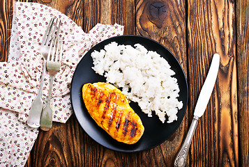 Image showing boiled rice with fried chicken breast