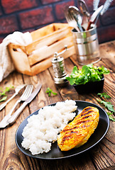 Image showing boiled rice with fried chicken breast