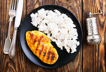 Image showing boiled rice with fried chicken breast