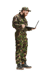 Image showing Young army soldier wearing camouflage uniform isolated on white