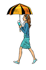 Image showing woman with smartphone and umbrella