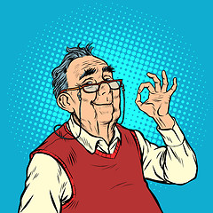 Image showing smile elderly man with glasses okay gesture