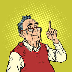 Image showing smile elderly man with glasses attention gesture index finger up