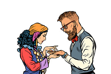 Image showing Gypsy palmist and hipster. Isolate on white background