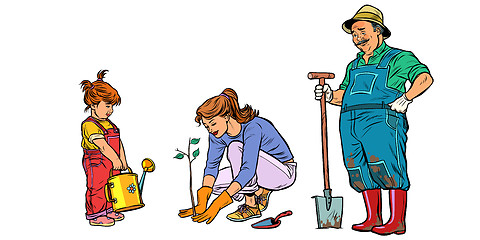 Image showing Mother, daughter and grandfather work in the garden. Family plan