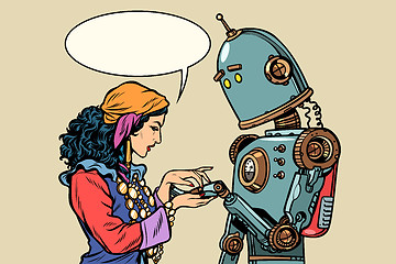 Image showing Gypsy fortune teller and robot. Palmistry